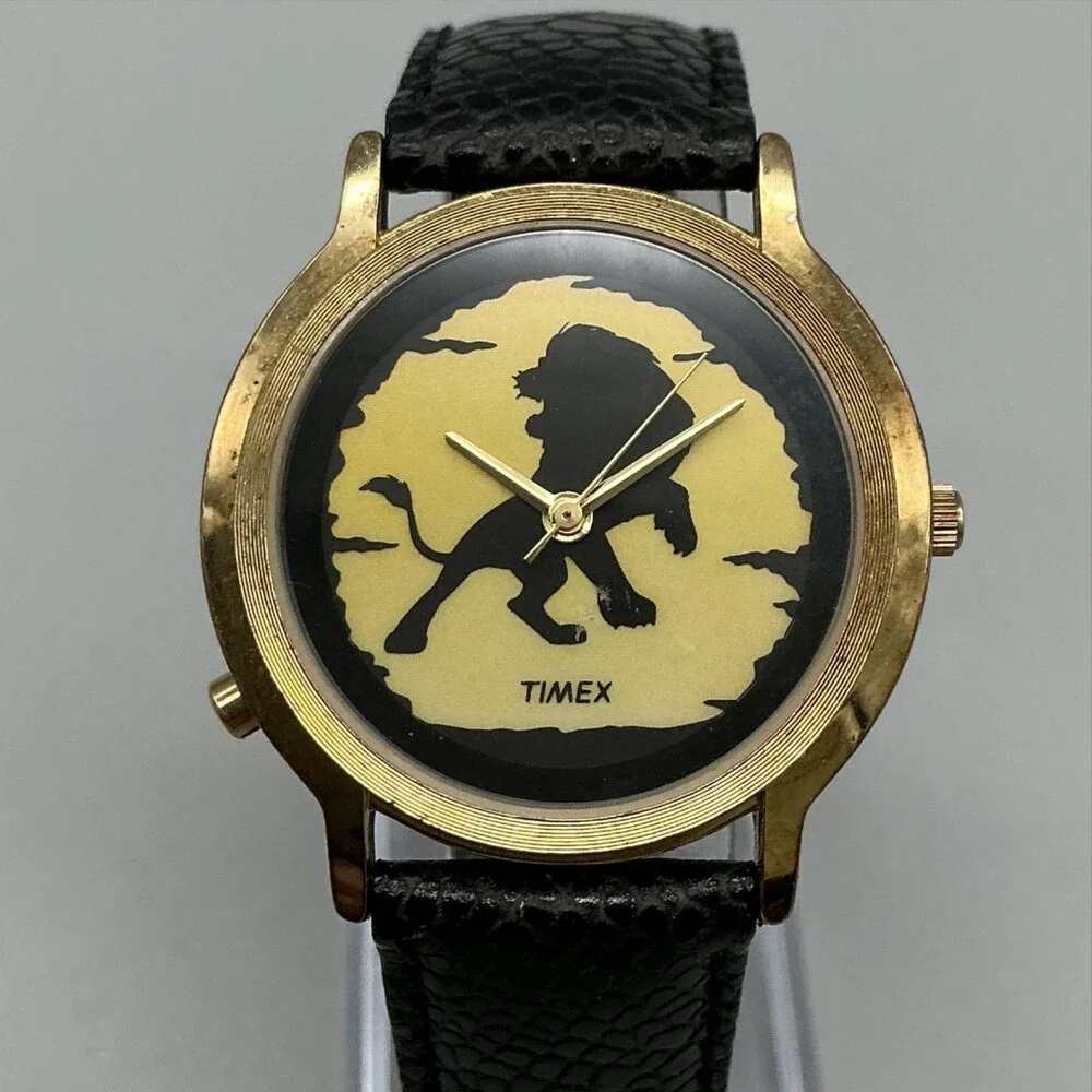Vintage Timex The Lion King Mens Watch 34mm Yellow Dial Leather New Battery